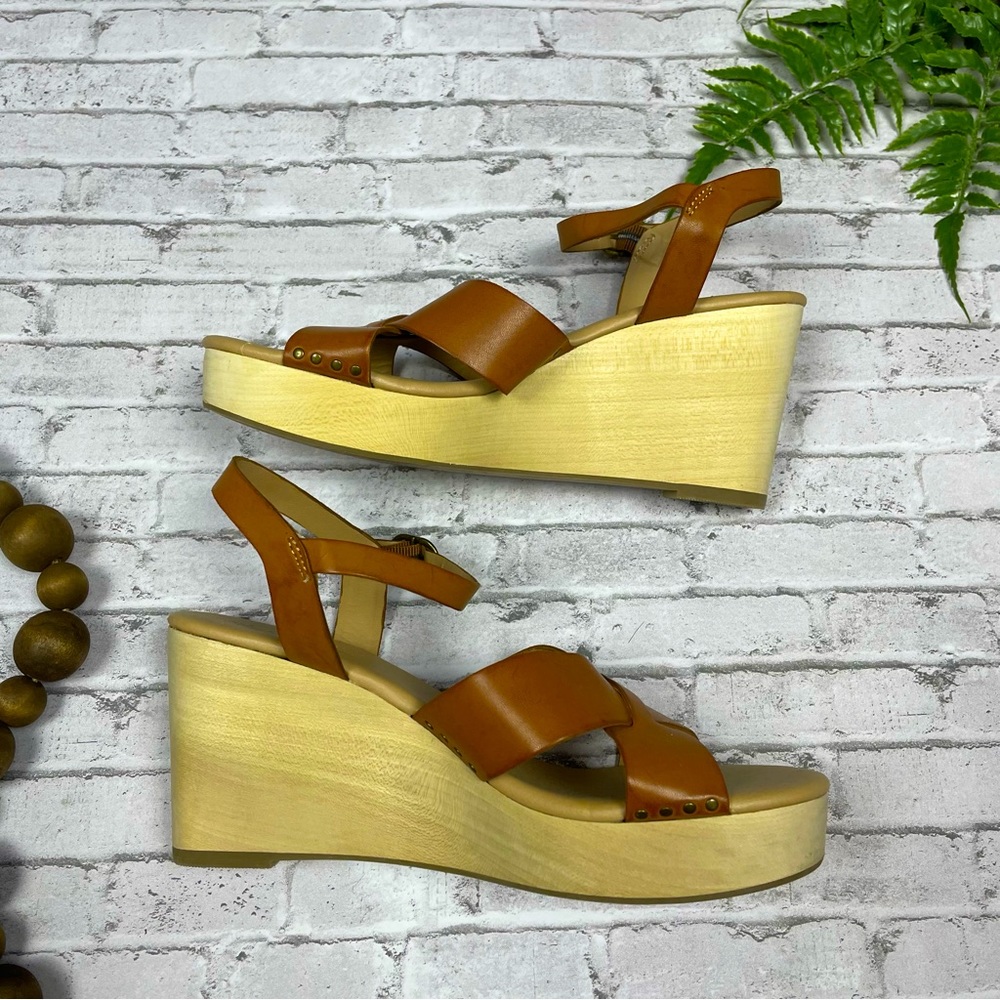 Loft Women’s Cognac Camel Brown Wooden Wedge Sandals Size 7 Bohemian Neutral 90s - Picture 10 of 13